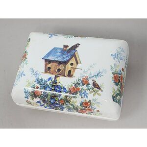 Vintage DaySpring Porcelain Trinket/Jewelry Box Flowers Birdhouse Birds‎ T9673